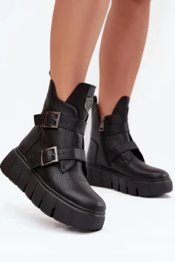 Sale Skórzane Ocieplane Botki Damskie Na Platformie Z Klamrami Vinceza 66842 Czarne Damskie Botki Ocieplane|Botki Skórzane