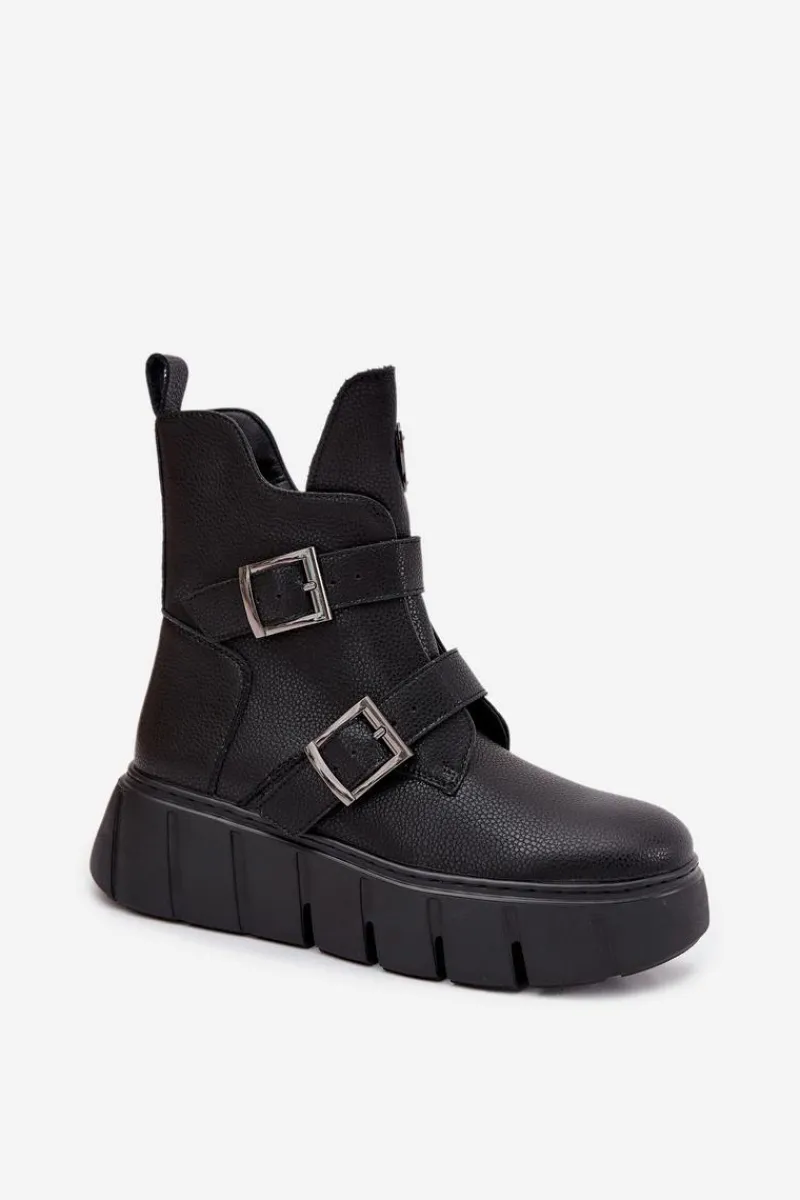 Sale Skórzane Ocieplane Botki Damskie Na Platformie Z Klamrami Vinceza 66842 Czarne Damskie Botki Ocieplane|Botki Skórzane