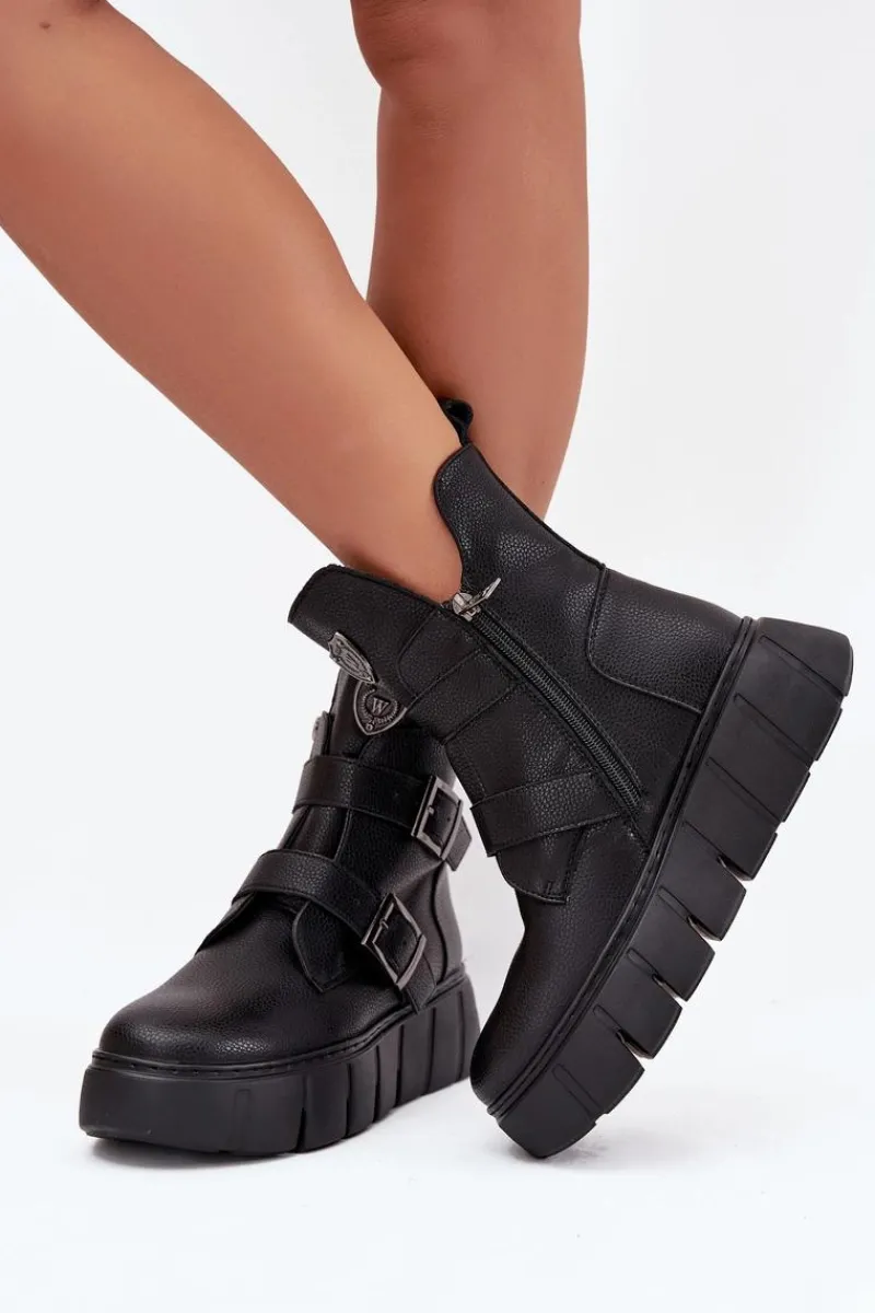 Sale Skórzane Ocieplane Botki Damskie Na Platformie Z Klamrami Vinceza 66842 Czarne Damskie Botki Ocieplane|Botki Skórzane