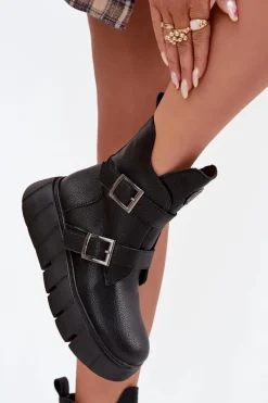 Sale Skórzane Ocieplane Botki Damskie Na Platformie Z Klamrami Vinceza 66842 Czarne Damskie Botki Ocieplane|Botki Skórzane