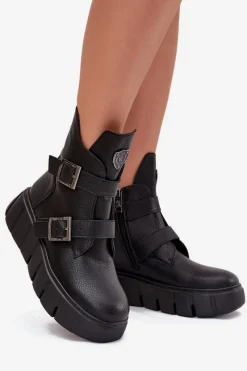 Sale Skórzane Ocieplane Botki Damskie Na Platformie Z Klamrami Vinceza 66842 Czarne Damskie Botki Ocieplane|Botki Skórzane