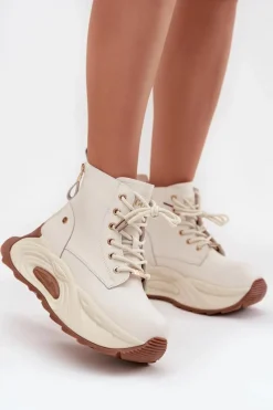 GOE Skórzane Ocieplane Botki Damskie Na Platformie SS2N4300 Jasnobeżowe Beżowy