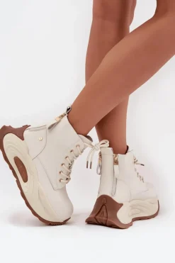 GOE Skórzane Ocieplane Botki Damskie Na Platformie SS2N4300 Jasnobeżowe Beżowy