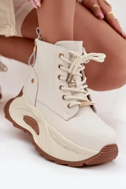 GOE Skórzane Ocieplane Botki Damskie Na Platformie SS2N4300 Jasnobeżowe Beżowy