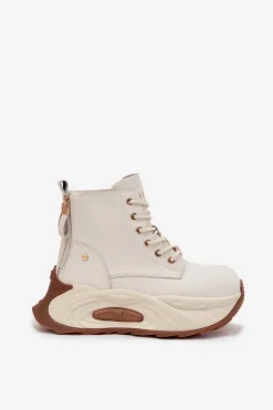 GOE Skórzane Ocieplane Botki Damskie Na Platformie SS2N4300 Jasnobeżowe Beżowy