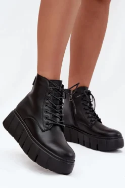 Skórzane Ocieplane Botki Damskie Na Platformie Vinceza 66803 Czarne Damskie Botki Ocieplane|Botki Skórzane