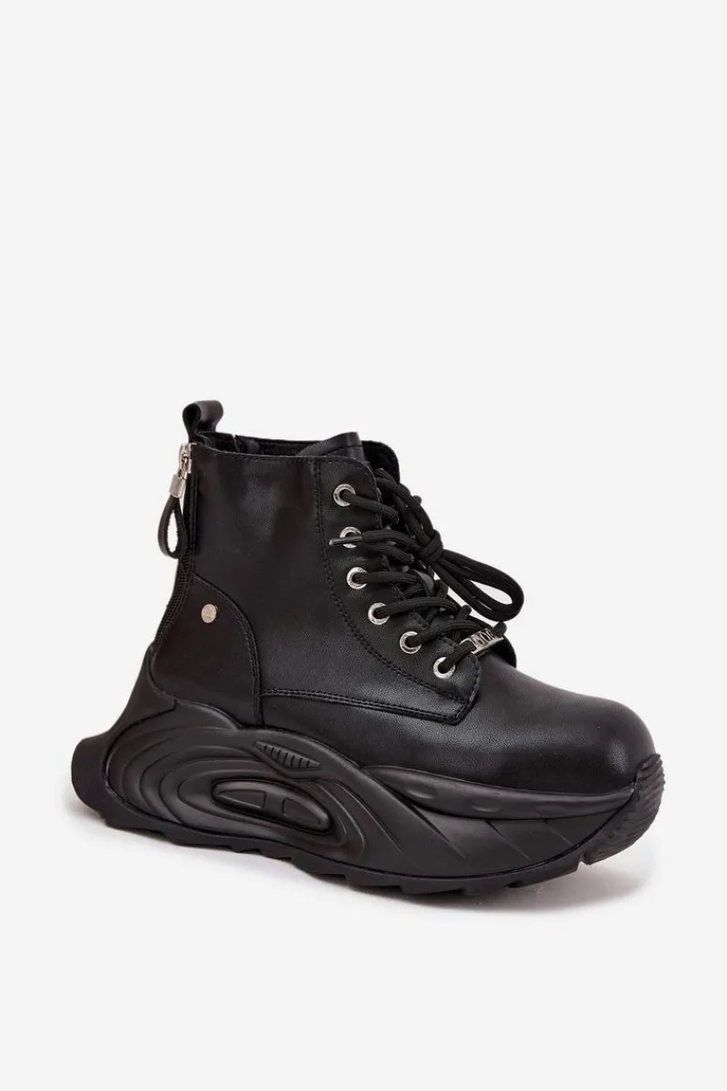 Botki Ocieplane|Damskie Trapery>GOE Skórzane Ocieplane Botki Damskie Na Platformie SS2N4301 Czarne Czarny