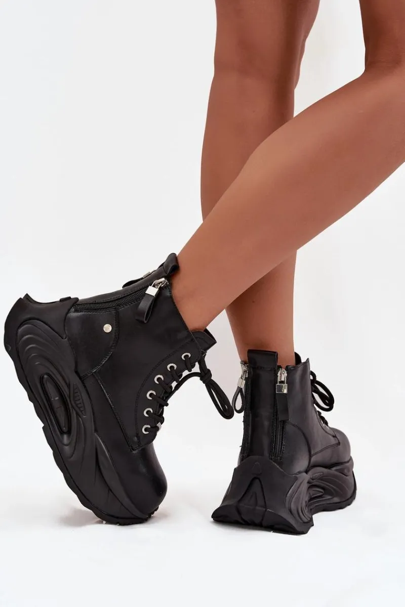 Botki Ocieplane|Damskie Trapery>GOE Skórzane Ocieplane Botki Damskie Na Platformie SS2N4301 Czarne Czarny