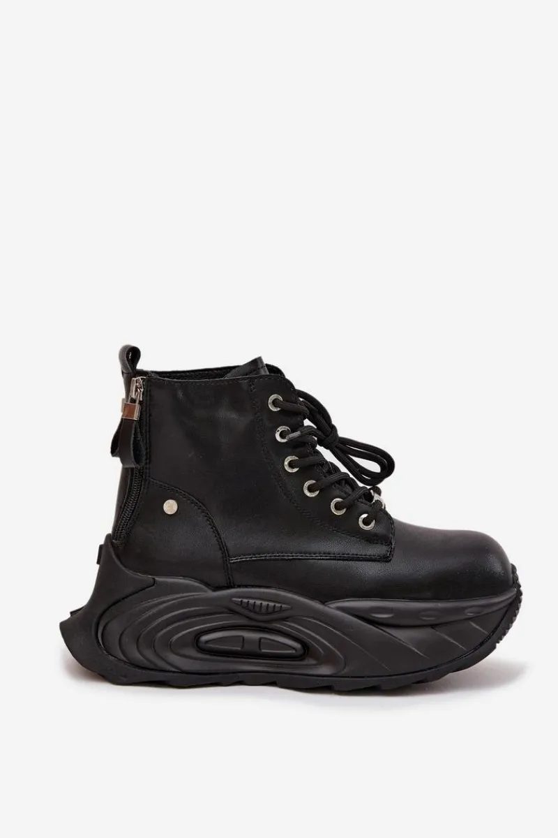 Botki Ocieplane|Damskie Trapery>GOE Skórzane Ocieplane Botki Damskie Na Platformie SS2N4301 Czarne Czarny