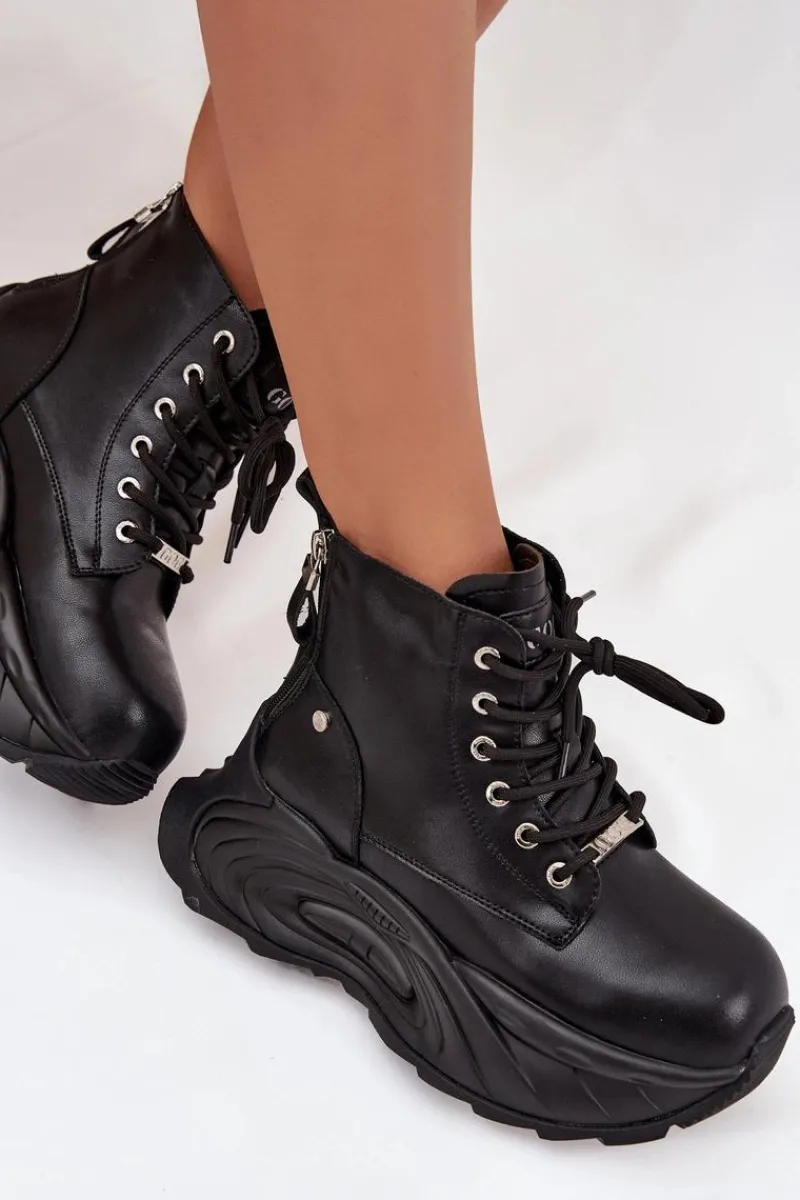 Botki Ocieplane|Damskie Trapery>GOE Skórzane Ocieplane Botki Damskie Na Platformie SS2N4301 Czarne Czarny