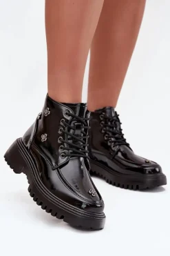 Best Artiker Skórzane Ocieplane Botki Damskie Z Ozdobami Lakierowane 57C0345 Czarne