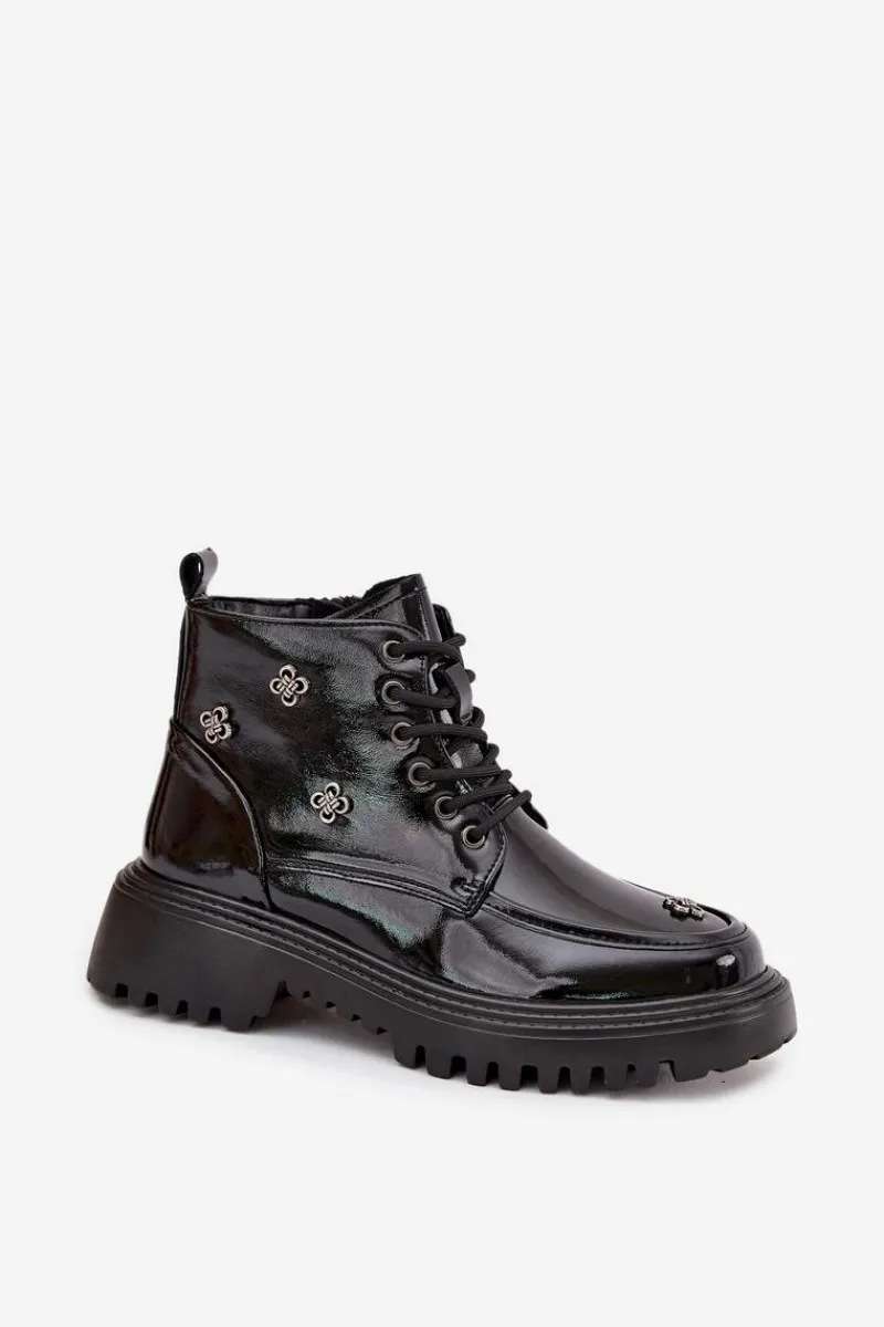 Best Artiker Skórzane Ocieplane Botki Damskie Z Ozdobami Lakierowane 57C0345 Czarne