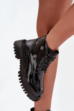 Best Artiker Skórzane Ocieplane Botki Damskie Z Ozdobami Lakierowane 57C0345 Czarne