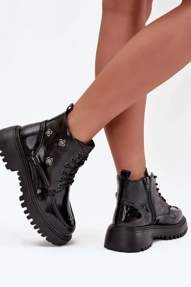 Best Artiker Skórzane Ocieplane Botki Damskie Z Ozdobami Lakierowane 57C0345 Czarne