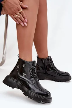 Best Artiker Skórzane Ocieplane Botki Damskie Z Ozdobami Lakierowane 57C0345 Czarne