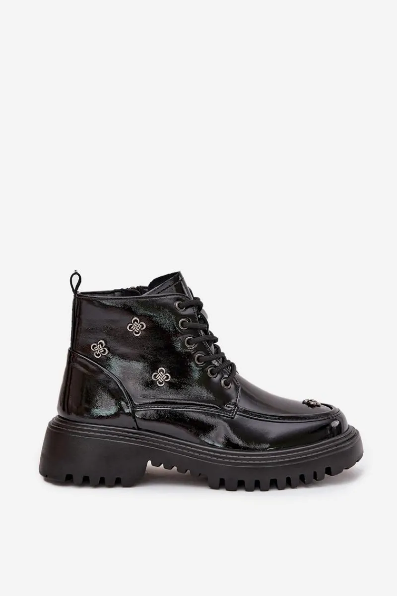 Best Artiker Skórzane Ocieplane Botki Damskie Z Ozdobami Lakierowane 57C0345 Czarne