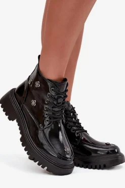 Best Artiker Skórzane Ocieplane Botki Damskie Z Ozdobami Lakierowane 57C0345 Czarne