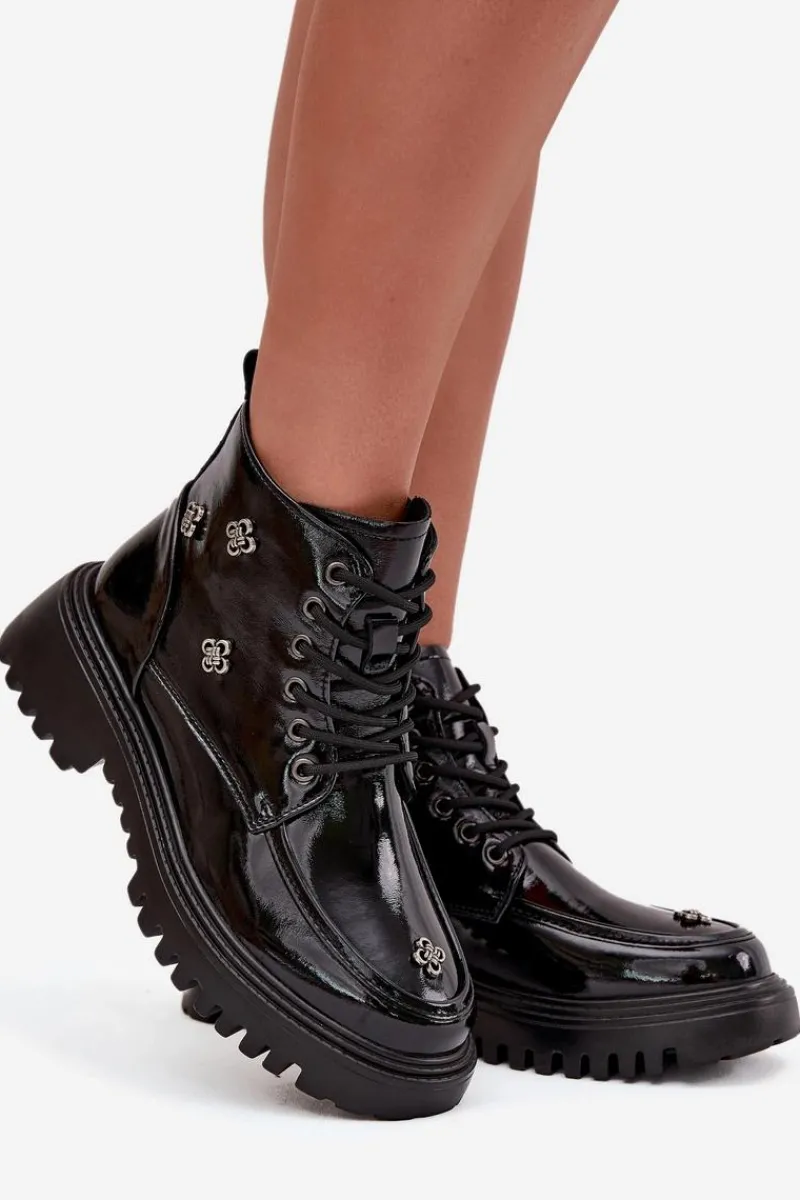 Best Artiker Skórzane Ocieplane Botki Damskie Z Ozdobami Lakierowane 57C0345 Czarne