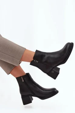 Hot Buty damskie Vinceza Skórzane Ocieplane Botki Damskie Na Klocku Vinceza 91159 Czarne Czarny