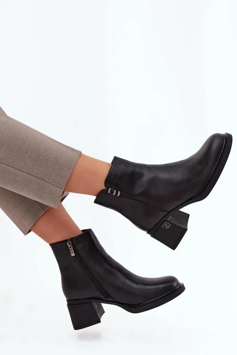 Hot Buty damskie Vinceza Skórzane Ocieplane Botki Damskie Na Klocku Vinceza 91159 Czarne Czarny