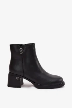 Hot Buty damskie Vinceza Skórzane Ocieplane Botki Damskie Na Klocku Vinceza 91159 Czarne Czarny