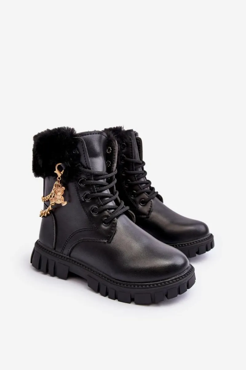Hot Boto Skórzane Ocieplane Botki Dziecięce Z Łańcuchem Czarne Cadia