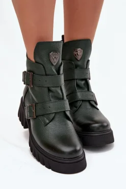 Botki Ocieplane|Botki Na Obcasie>Zazoo Skórzane Ocieplane Botki Damskie Z Klamrami I Ozdobnym Detalem 60482 Ciemnozielone Zielony