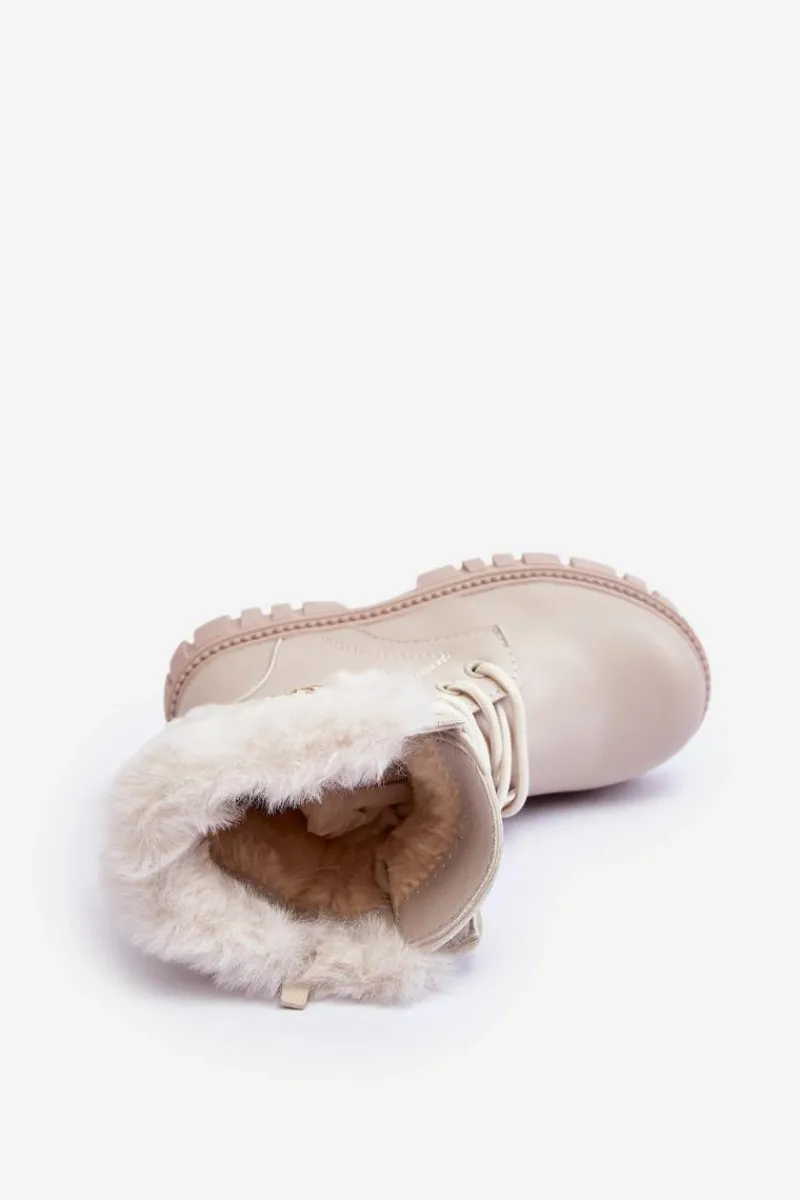 Dziewczęce>Boto Skórzane Ocieplane Botki Dziecięce Z Łańcuchem Beżowe Cadia