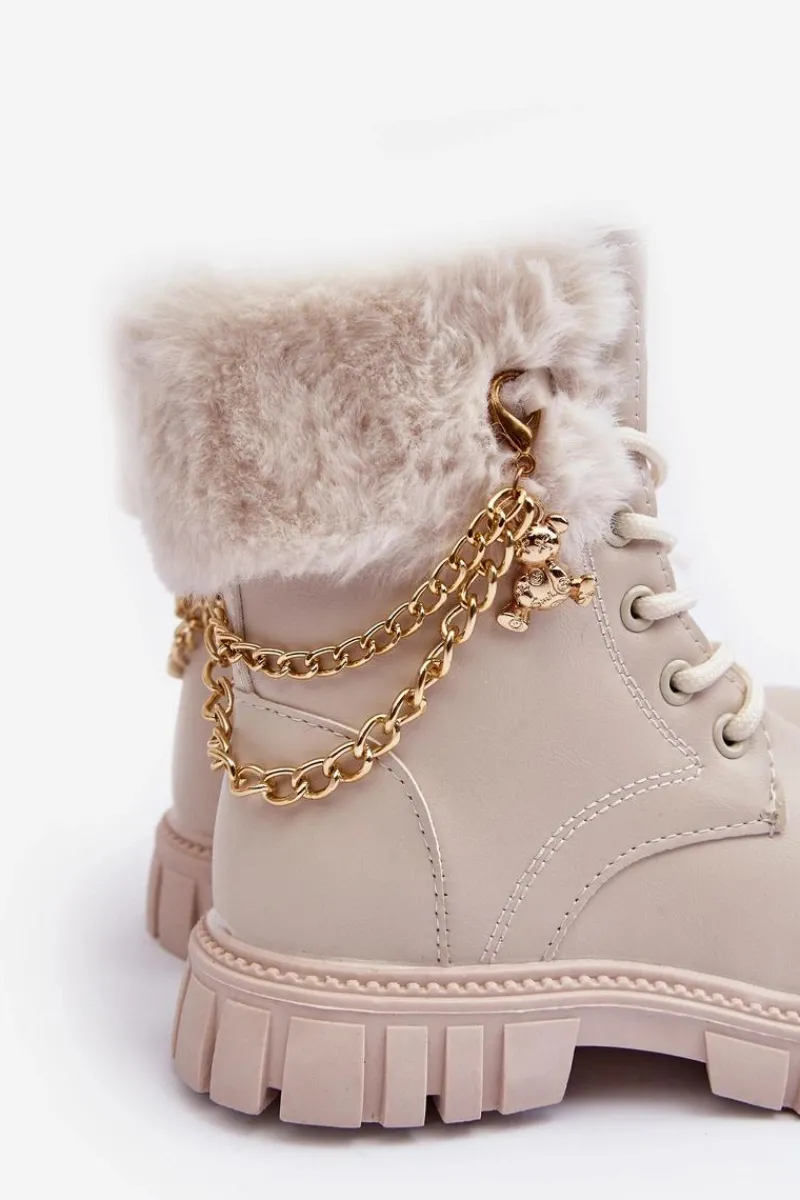 Dziewczęce>Boto Skórzane Ocieplane Botki Dziecięce Z Łańcuchem Beżowe Cadia