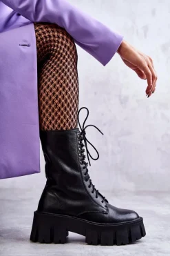 Discount Skórzane Ocieplane Botki KK2N4013 Czarne Damskie Botki Sznurowane|Czarne Botki