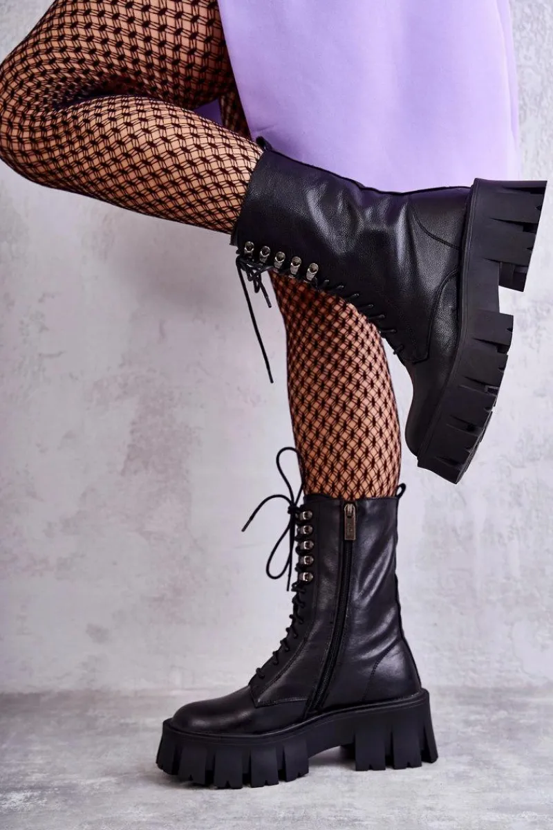 Discount Skórzane Ocieplane Botki KK2N4013 Czarne Damskie Botki Sznurowane|Czarne Botki