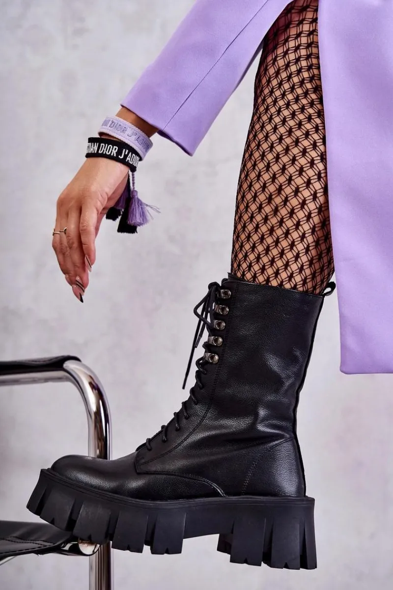 Discount Skórzane Ocieplane Botki KK2N4013 Czarne Damskie Botki Sznurowane|Czarne Botki