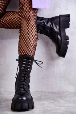 Discount Skórzane Ocieplane Botki KK2N4013 Czarne Damskie Botki Sznurowane|Czarne Botki