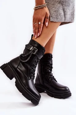 Online Skórzane Ocieplane Botki Glany Big Star KK274486 Czarne Damskie Damskie Trapery|Botki Sznurowane
