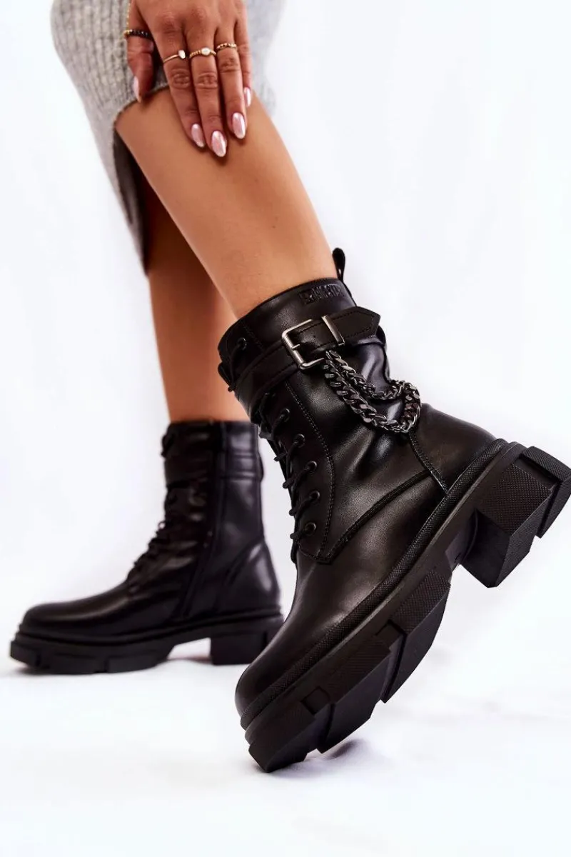 Online Skórzane Ocieplane Botki Glany Big Star KK274486 Czarne Damskie Damskie Trapery|Botki Sznurowane