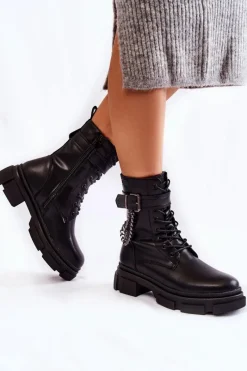 Online Skórzane Ocieplane Botki Glany Big Star KK274486 Czarne Damskie Damskie Trapery|Botki Sznurowane