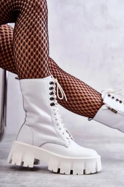 Hot GOE Skórzane Ocieplane Botki KK2N4012 Białe