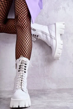 Hot GOE Skórzane Ocieplane Botki KK2N4012 Białe