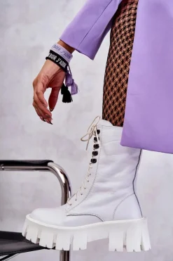 Hot GOE Skórzane Ocieplane Botki KK2N4012 Białe