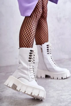 Hot GOE Skórzane Ocieplane Botki KK2N4012 Białe