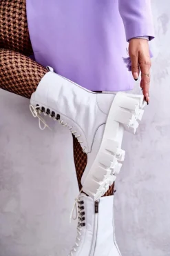 Hot GOE Skórzane Ocieplane Botki KK2N4012 Białe