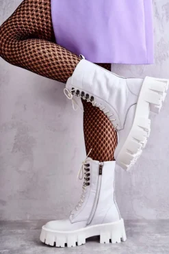 Hot GOE Skórzane Ocieplane Botki KK2N4012 Białe