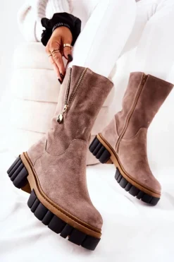 Hot Skórzane Ocieplane Botki Kozaki Cappucino Souffle Damskie Kozaki Płaskie|Kozaki Zamszowe