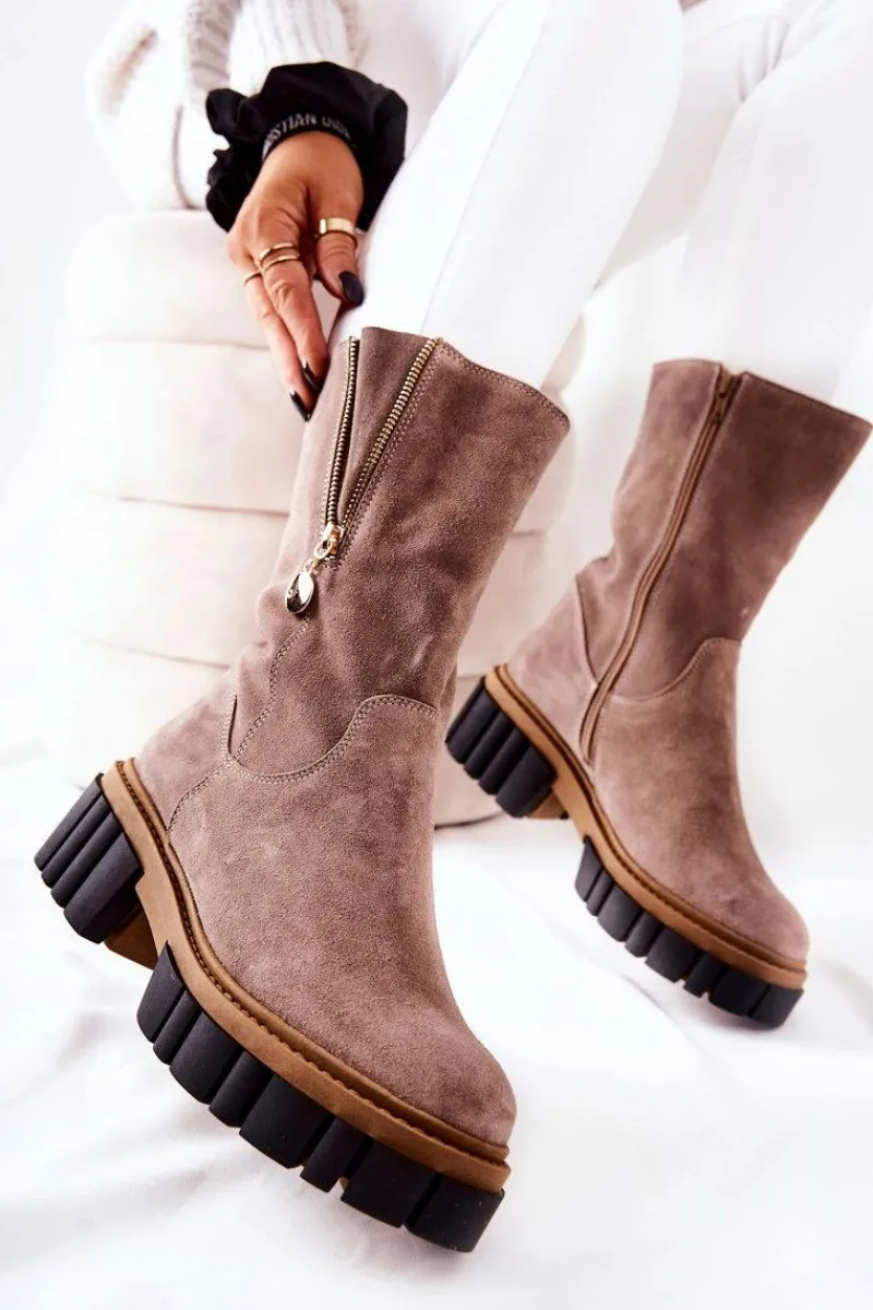 Hot Skórzane Ocieplane Botki Kozaki Cappucino Souffle Damskie Kozaki Płaskie|Kozaki Zamszowe