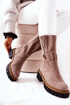 Hot Skórzane Ocieplane Botki Kozaki Cappucino Souffle Damskie Kozaki Płaskie|Kozaki Zamszowe