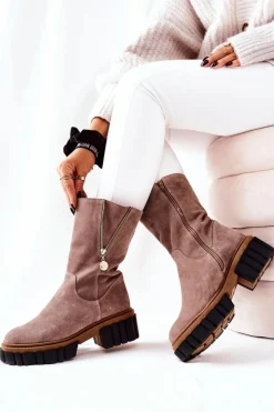 Hot Skórzane Ocieplane Botki Kozaki Cappucino Souffle Damskie Kozaki Płaskie|Kozaki Zamszowe