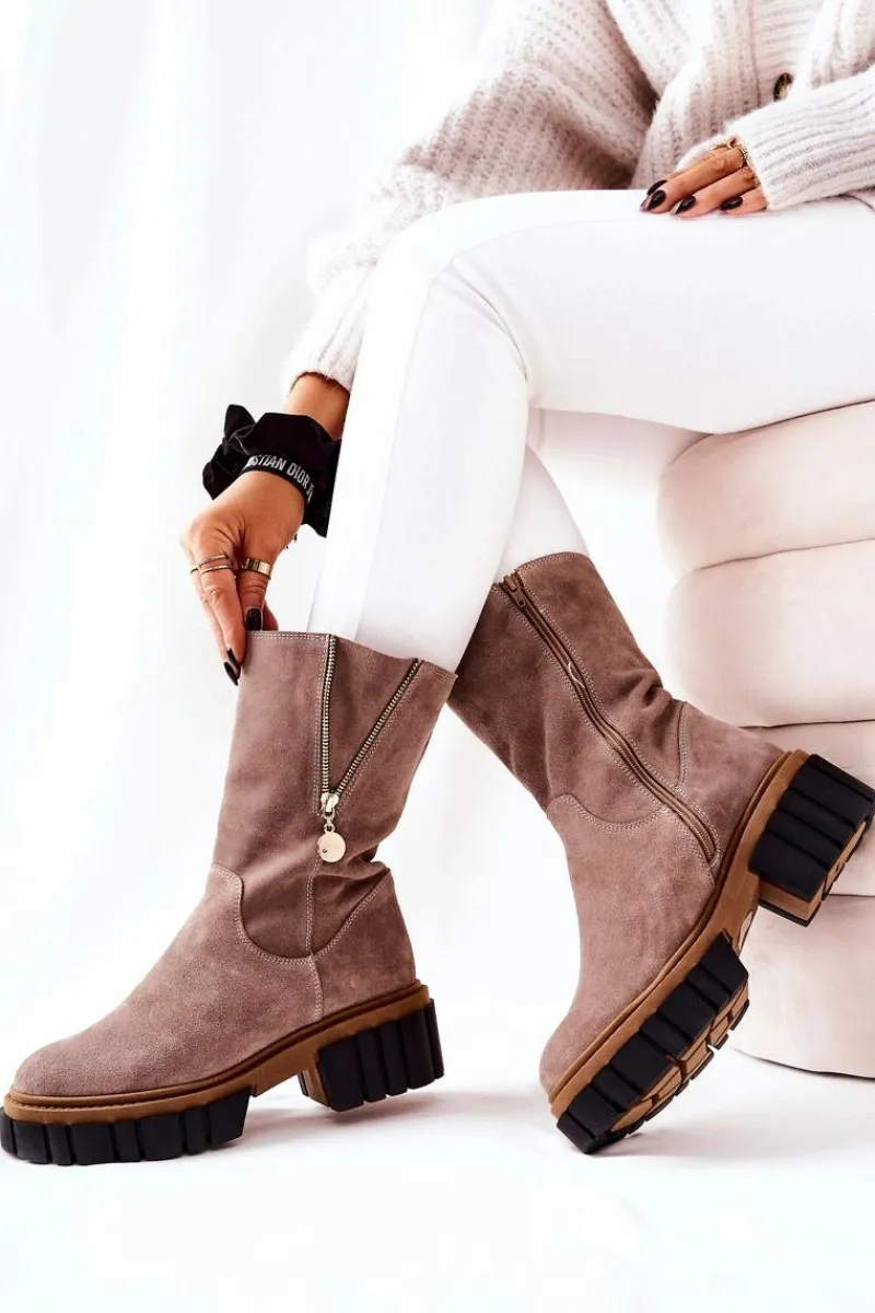 Hot Skórzane Ocieplane Botki Kozaki Cappucino Souffle Damskie Kozaki Płaskie|Kozaki Zamszowe