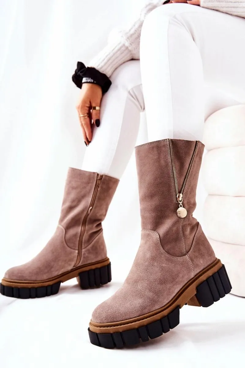 Hot Skórzane Ocieplane Botki Kozaki Cappucino Souffle Damskie Kozaki Płaskie|Kozaki Zamszowe