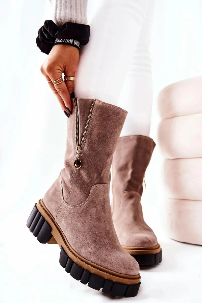 Hot Skórzane Ocieplane Botki Kozaki Cappucino Souffle Damskie Kozaki Płaskie|Kozaki Zamszowe