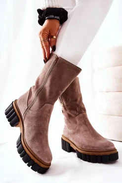 Hot Skórzane Ocieplane Botki Kozaki Cappucino Souffle Damskie Kozaki Płaskie|Kozaki Zamszowe